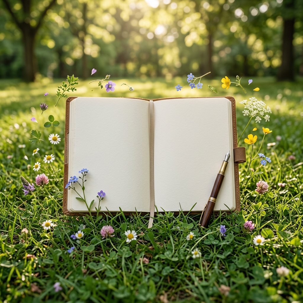 Caderno aberto deitado sobre a grama de um parque, acompanhado por uma caneta elegante e pequenas flores da primavera, sob uma iluminação suave e cinematográfica